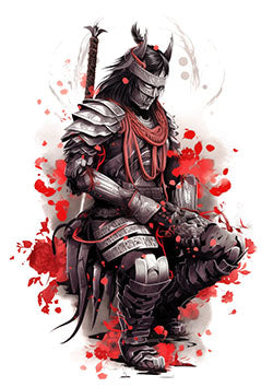 Tattoo template of a samurai with detailed armor and red accents