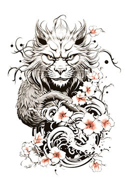 Tattoo template of a lynx amidst cherry blossoms