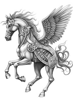 Tattoo template of a majestic mechanical Pegasus blending fantasy and steampunk elements