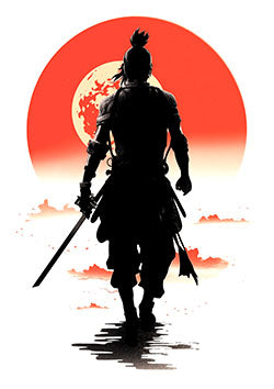 Tattoo template of a samurai with a red sun background