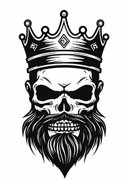 Tattoo template of a menacing skull wearing a crown and a long beard