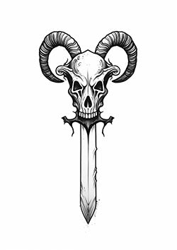 Tattoo template of a ram skull with horns fused with a sword blade for a striking design