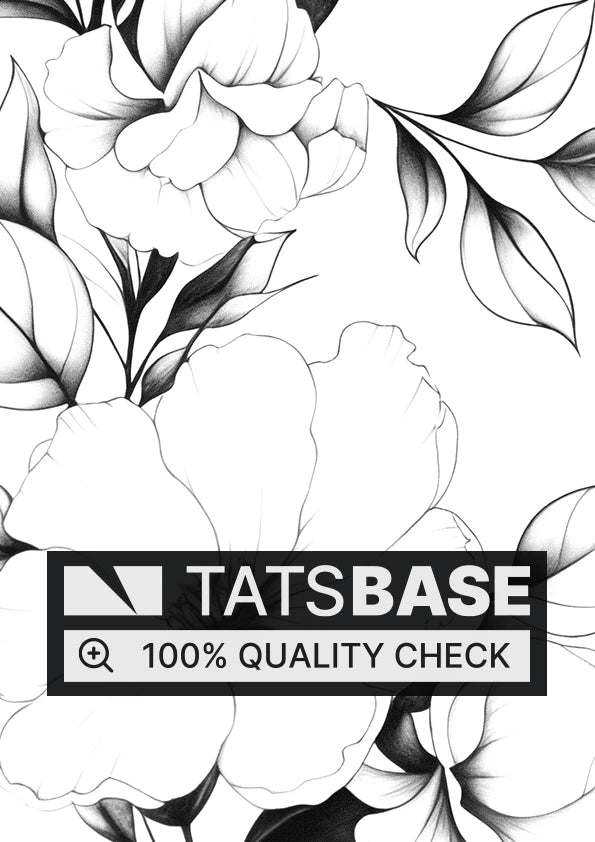 Tattoo template of a delicate floral arrangement with blooming flowers and leaves in black and white.