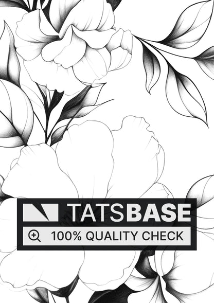 Tattoo template of a delicate floral arrangement with blooming flowers and leaves in black and white.