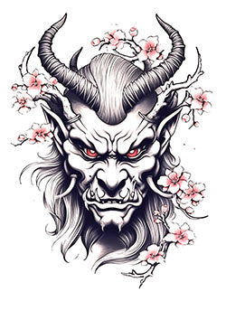 Tattoo template of a horned demon with cherry blossoms