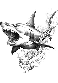 Tattoo template of a shark bursting through water with ferocious jaws and fluid motion of the waves