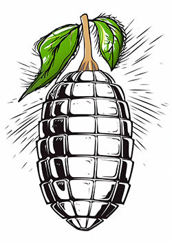 Tattoo template of a hand grenade with green leaves, blending war and nature themes