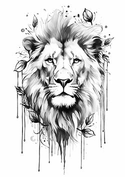 Tattoo template of a regal lion’s face surrounded by artistic leaves and ink splatters