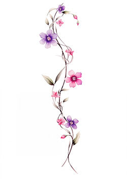 Tattoo template of a delicate vine with vibrant pink and purple flowers.