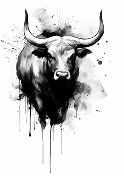 Tattoo template of a majestic bull with ink splatter effect