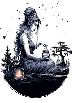 Tattoo template of a woman with a lantern surrounded by stars and trees