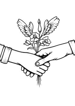 Tattoo template of two hands holding a bouquet of flowers with wings