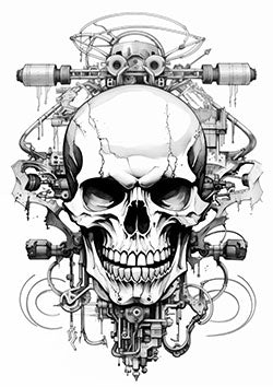 Tattoo template of a cybernetic skull with mechanical elements, showcasing a fusion of mortality and technology