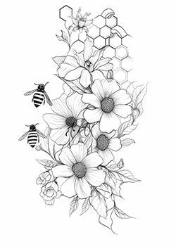 Tattoo template of a floral arrangement with bees and honeycomb pattern