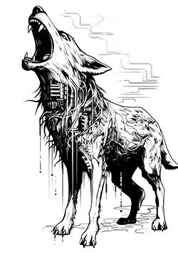 Tattoo template of a cybernetic wolf howling