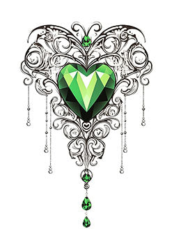 Tattoo template of a majestic emerald heart with intricate black filigree and green gem drops