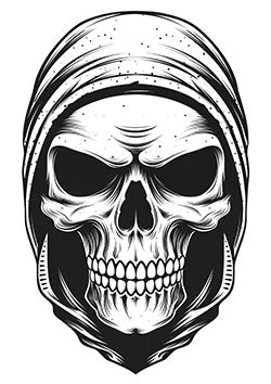 Tattoo template of a skull in a dark hood with a haunting presence