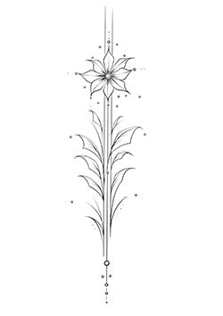 Tattoo template of a delicate flower with flowing leaves and geometric accents.