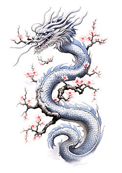 Tattoo template of a dragon with cherry blossoms