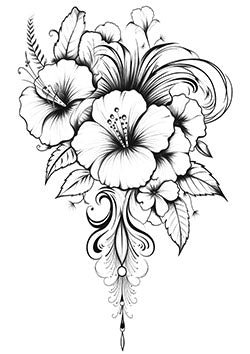 Tattoo template of a black and white hibiscus floral design with swirls