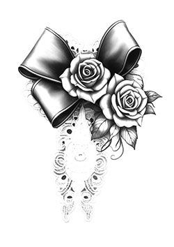 Tattoo template of a lace bow with two realistic roses for an elegant and feminine design