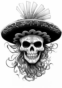 Tattoo template of a sugar skull with an ornate sombrero and flowing hair