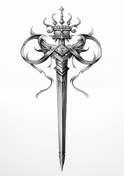 Tattoo template of a majestic sword with a crown and flowing ribbons