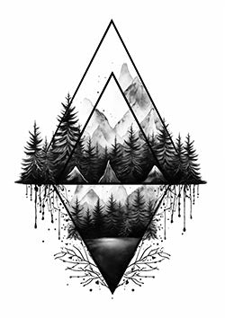 Tattoo template of a reflected monochromatic forest in a geometric shape