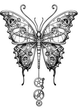 Tattoo template of a steampunk butterfly with detailed gears and cogs