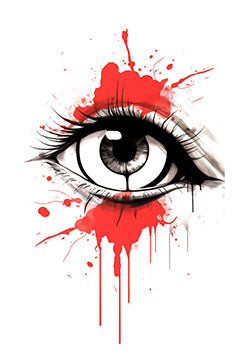 Tattoo template of a realistic eye with red and black ink splatters evoking deep emotions