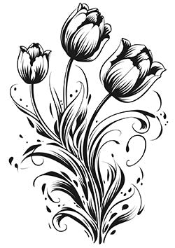 Tattoo template of a stylized trio of tulips with ornate details