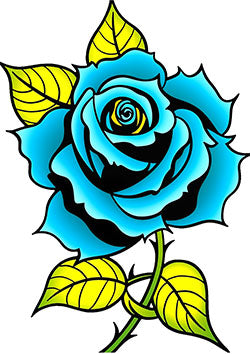 Tattoo template of a vivid blue rose in full bloom with contrasting green and yellow leaves