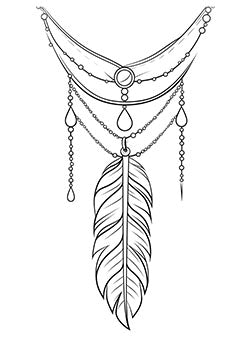 Tattoo template of a detailed feather with ornate chains and teardrop gems