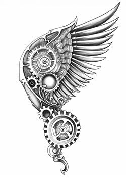 Tattoo template of a mechanical wing with intricate gears and cogs.