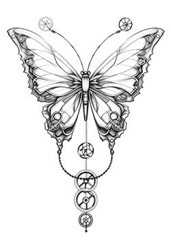 Tattoo template of a steampunk butterfly with intricate gears and delicate wings