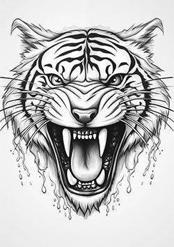 Tattoo template of a fierce tiger head in mid-roar exuding raw power and primal intensity with intricate details and captivating eyes