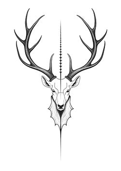 Tattoo template of a symmetrical stag head with detailed antlers