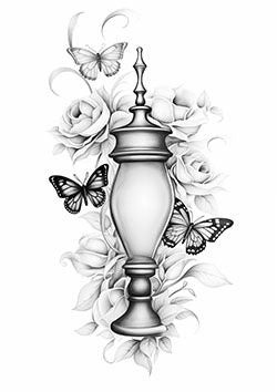 Tattoo template of an urn with butterflies and roses symbolizing eternal beauty