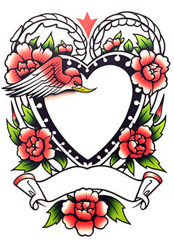 Tattoo template of a heart frame with flowers and a bird in flight