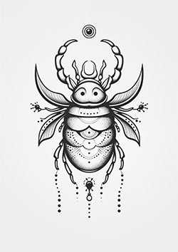 Tattoo template of a sacred scarab beetle with symmetrical patterns representing transformation and protection.