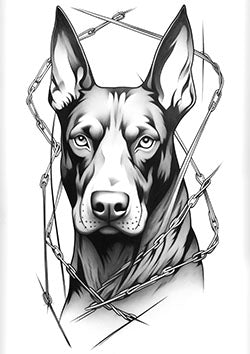 Tattoo template of a majestic dog with a piercing gaze surrounded by barbed wire, symbolizing strength and protection.