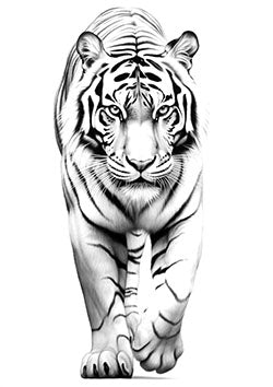 Tattoo template of a fierce white tiger walking forward with an intense gaze