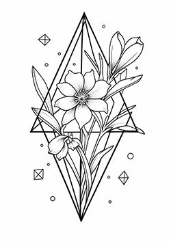 Tattoo template of a flower entwined with geometric shapes in a minimalistic design