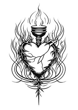 Tattoo template of a heart with thorns and a torch, symbolizing enduring passion and resilience