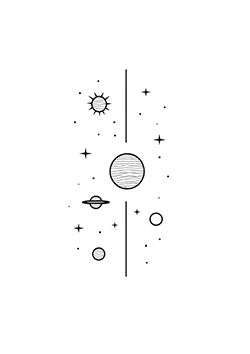 Tattoo template of a minimalist planetary system showing celestial balance with delicate lines and dots