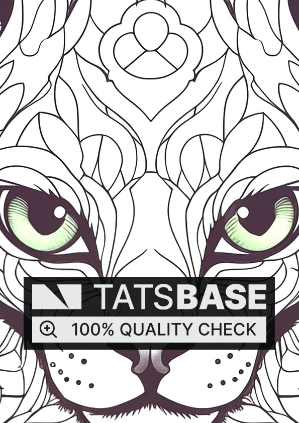 Tattoo template of a detailed cat face with mandala patterns and green eyes