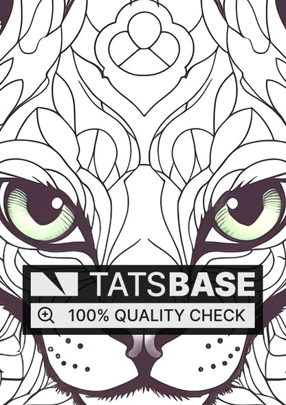 Tattoo template of a detailed cat face with mandala patterns and green eyes