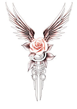 Tattoo template of a rose with wings and swords