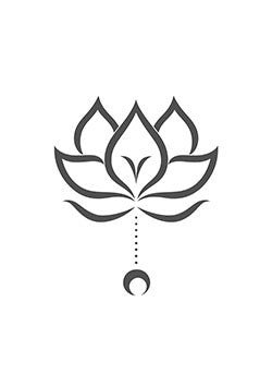 Tattoo template of a lotus flower with a crescent moon and dotted detailing, representing purity and tranquility