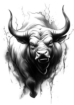 Tattoo template of a determined bull with sharp horns